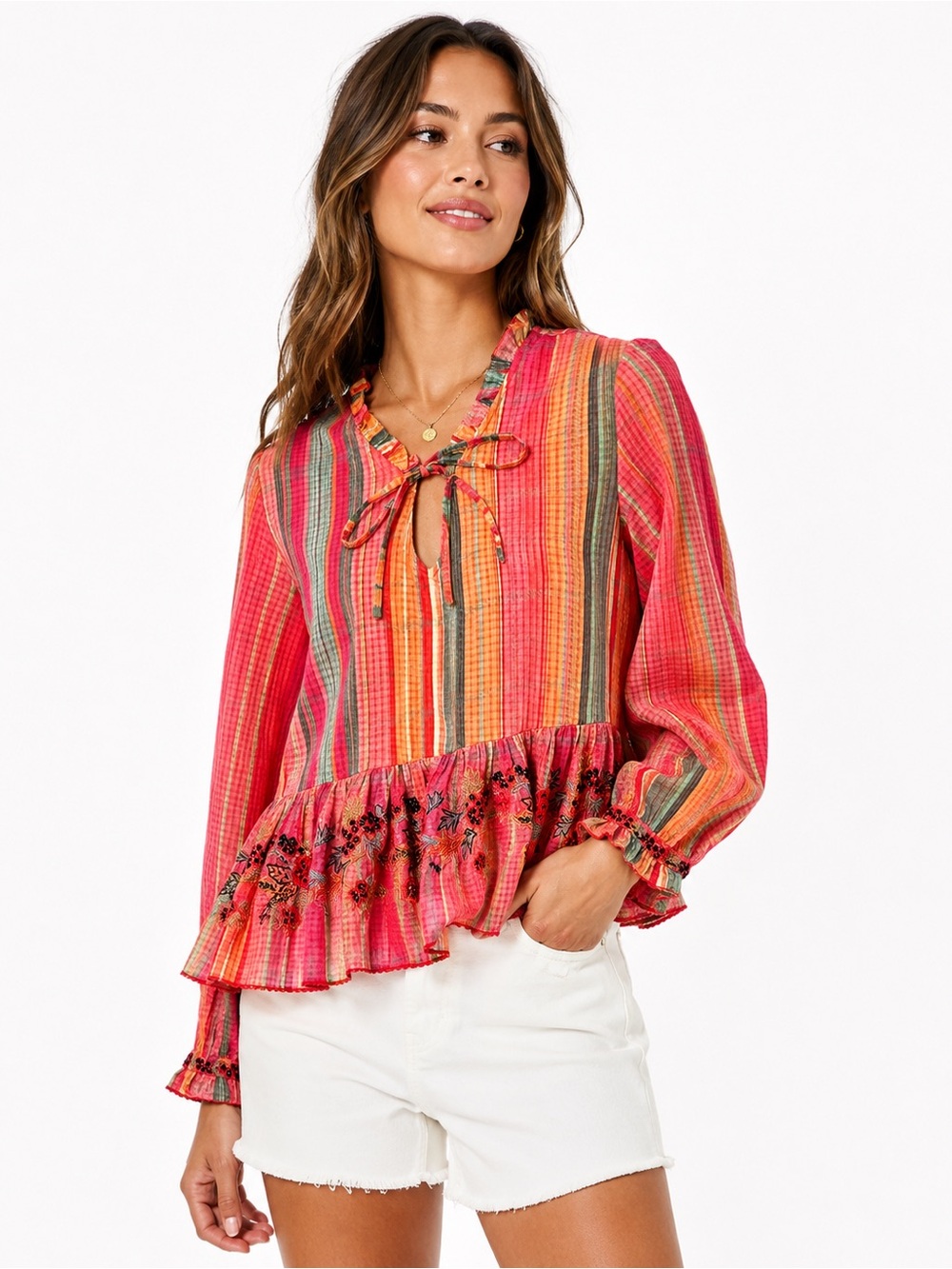 Bhanuvi by Jyoti Embroidered Boho Peplum Blouse Pink Stripe Tie Neck Small